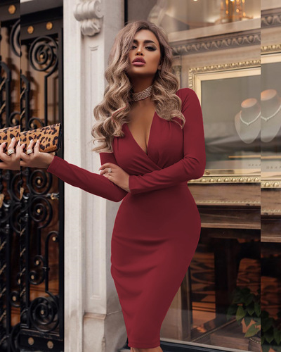 New 2020 Amazon Women's Dress, Bestselling Deep V Crepe Waist-Flaring Spring/Summer Long-Sleeve Solid Color Dress, In Stock