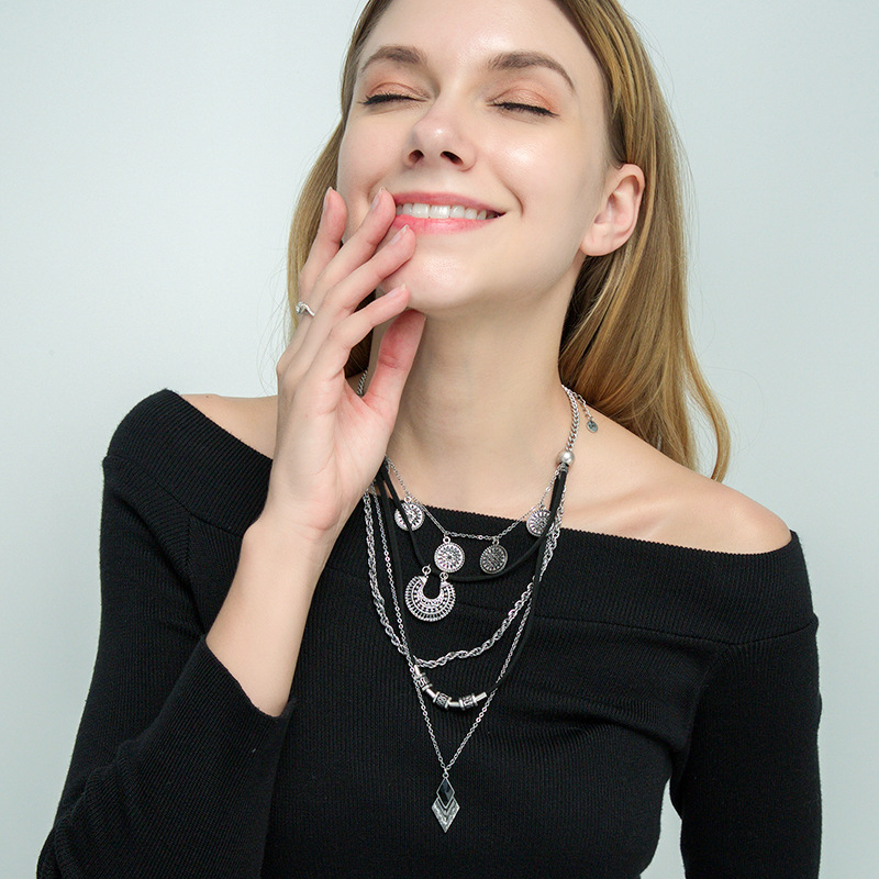 10g Weight Necklace Classification Wedding, Travel Occasion Women'S Gender Fashion Style Silver Color Fashion Retro Geometric Black Multilayer Leather Cord Necklace 1