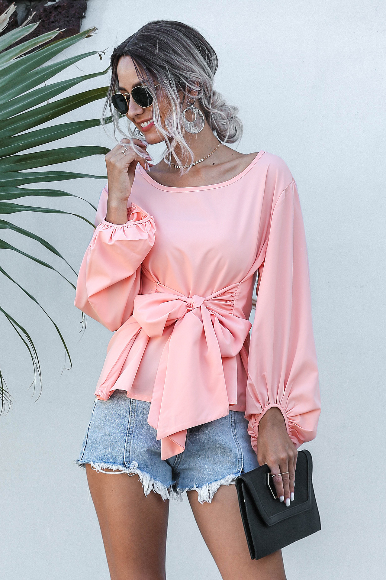 casual bow lantern sleeve chiffon shirt NSMY24579