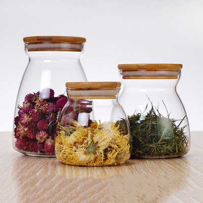 Manufactor wholesale Heat Glass Wood cover Trapezoid Storage tank Pyrex Tea pot Candy jar
