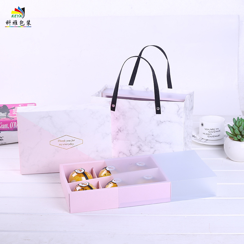 新款蛋糕月饼烘焙包装盒 粉色抽屉式纸盒 6粒装食品烘焙包装盒