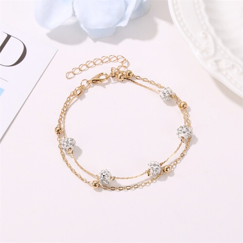 European and American Fashion Double Anklet Chain, Shambhala Diamond Ball Crystal Women's Layered Simple Alloy Beach Anklet Jewelry