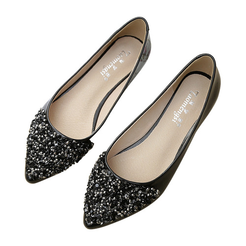 Korean style women's shoes, slim and fashionable 2024 autumn new pointed toe shallow mouth single shoes, sequined rhinestone flat shoes for women, large size