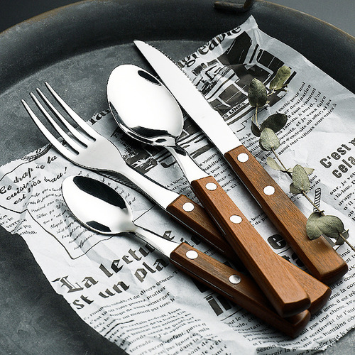 304 stainless steel original solid wood handle Western-style knife, fork and spoon creative wooden Western tableware gift set wholesale