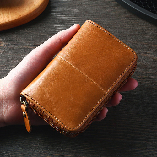 European and American RFID anti-magnetic first-layer cowhide card bag genuine leather zipper accordion card holder retro oil wax leather coin purse card bag