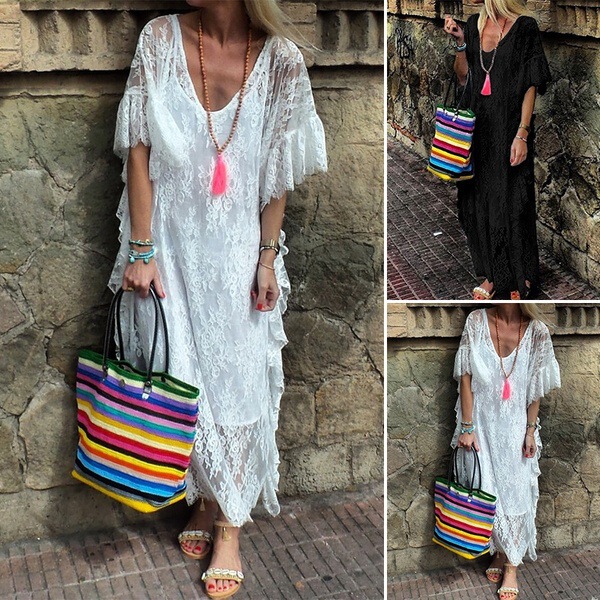 European and American Plus Size Women's Trumpet Short Sleeve V-Neck Vacation Dress Sexy Lace Crochet Long Dress Party Dress