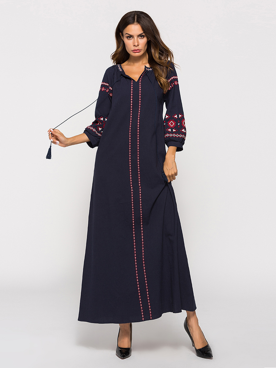 embroidery tassel cotton and linen long dress NSCX51212