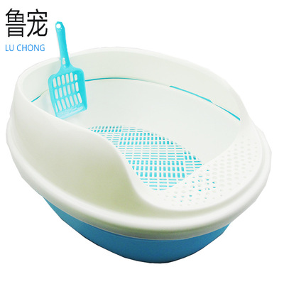 鲁宠半封闭式猫砂盆 椭圆减少外溅松木宠物厕所过滤垫 双层猫砂盆