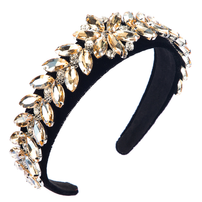 Women's Hair Hoop Leaves And Flowers Accessories Set With Ultra-flash Glass Diamond Gold Velvet Wide Edge Headband Women display picture 8