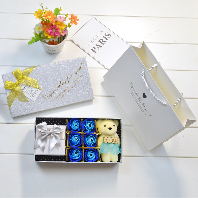 银色首饰礼品盒 玫瑰香皂花小熊七夕情人节戒指项链装珠宝饰品盒|ms