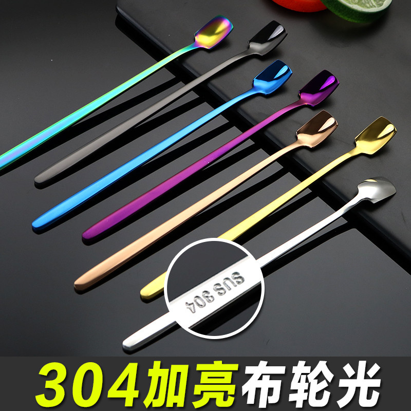 加亮加厚304镀金咖啡勺子迷你长柄方头创意搅拌咖啡匙小猫咖啡勺