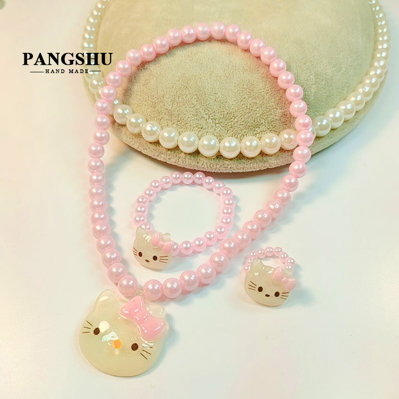 新款韩版儿童时尚饰品 kitty猫三件套 珍珠项链首饰套装 货源批发
