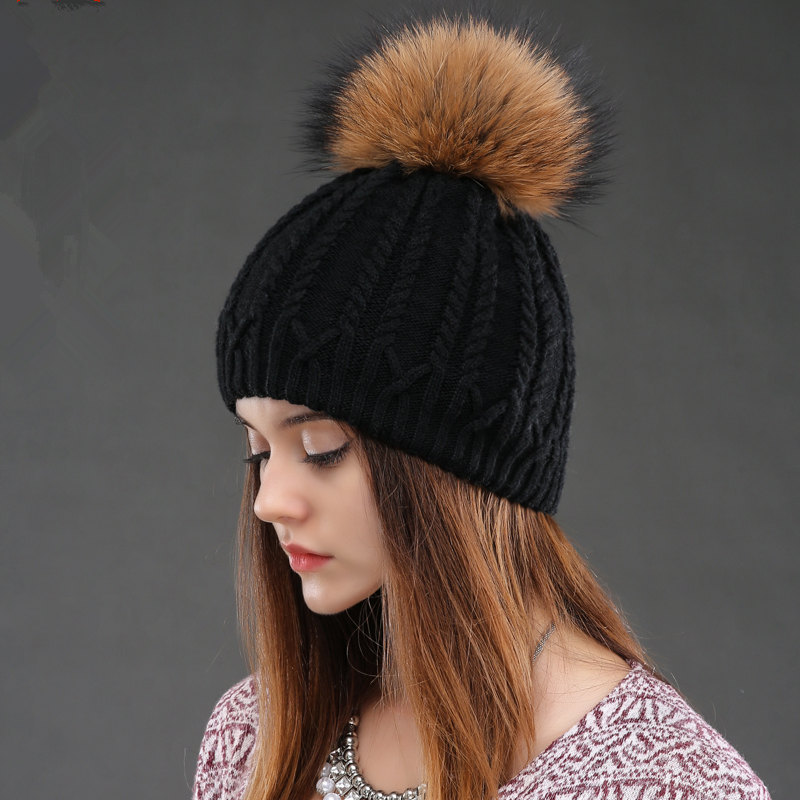 Vinterstickad varm ull för kvinnor mårdhundboll Öronskydd Enfärgad mångsidig dubbellagers tröjahatt_voghion.com