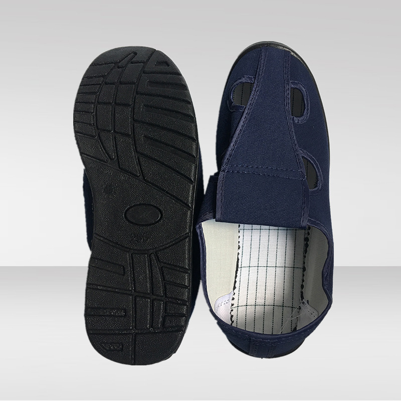 防静电PU黑色底四眼鞋 黑色PVC中巾鞋鞋帆布四孔车间防尘鞋