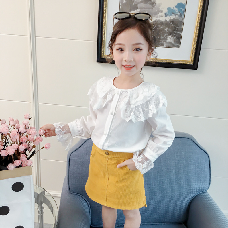 女童襯衫 2019春季新款韓版長袖蕾絲娃娃領襯衣娃娃衫上衣GW6096Q