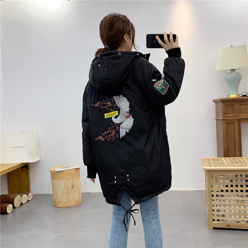 燕尾下摆工装大版仙鹤刺绣棉服加厚保暖中长款棉袄羽绒棉衣外套|ru