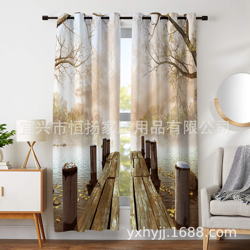Lakeside Pier Digital Printing Thickened Shading Finished Curtain Nordic Simple Living Room Bedroom Study Bay Window