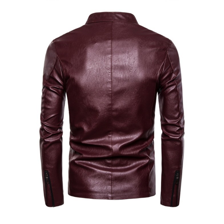 2019 autumn and winter new men's motorcycle stand collar PU leather coat men's slim-fit solid color zipper faux leather casual