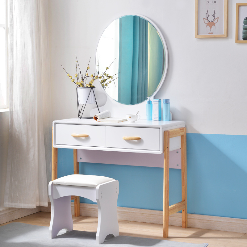 北欧风ins网红梳妆台化妆桌实木腿卧室家用现代简约镜子送凳子|ms