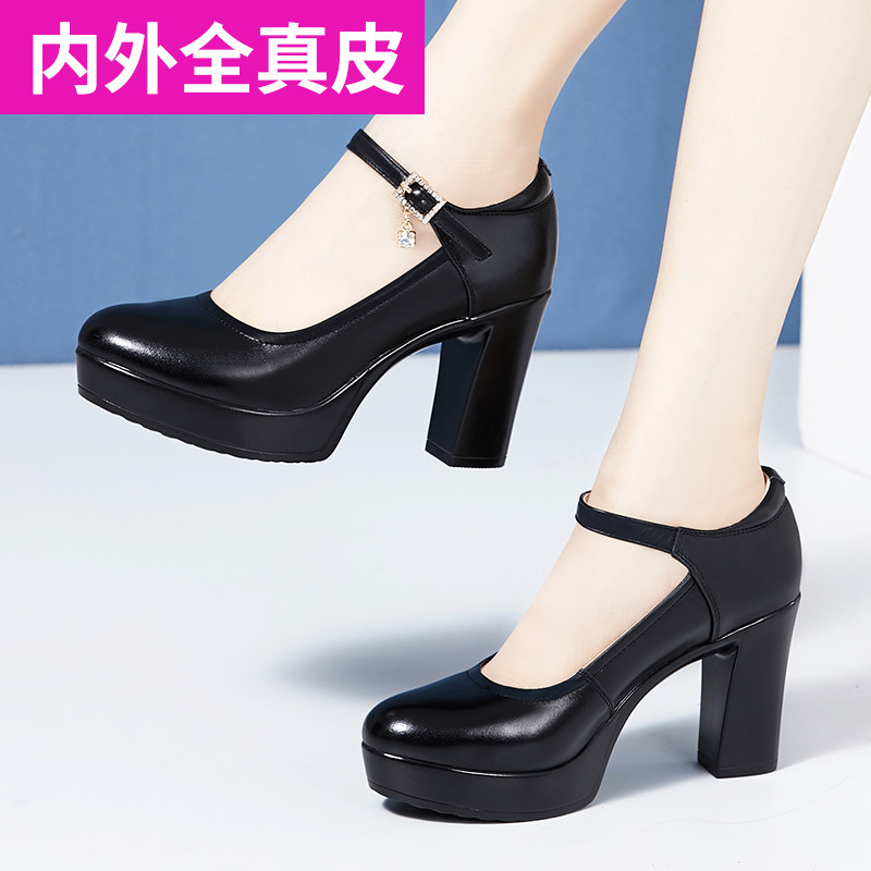 Zhuonila High-heeled Soft Cowhide Platform Leather Thick-heeled Work Shoes Round Toe Performance Model Cheongsam Show Shoes