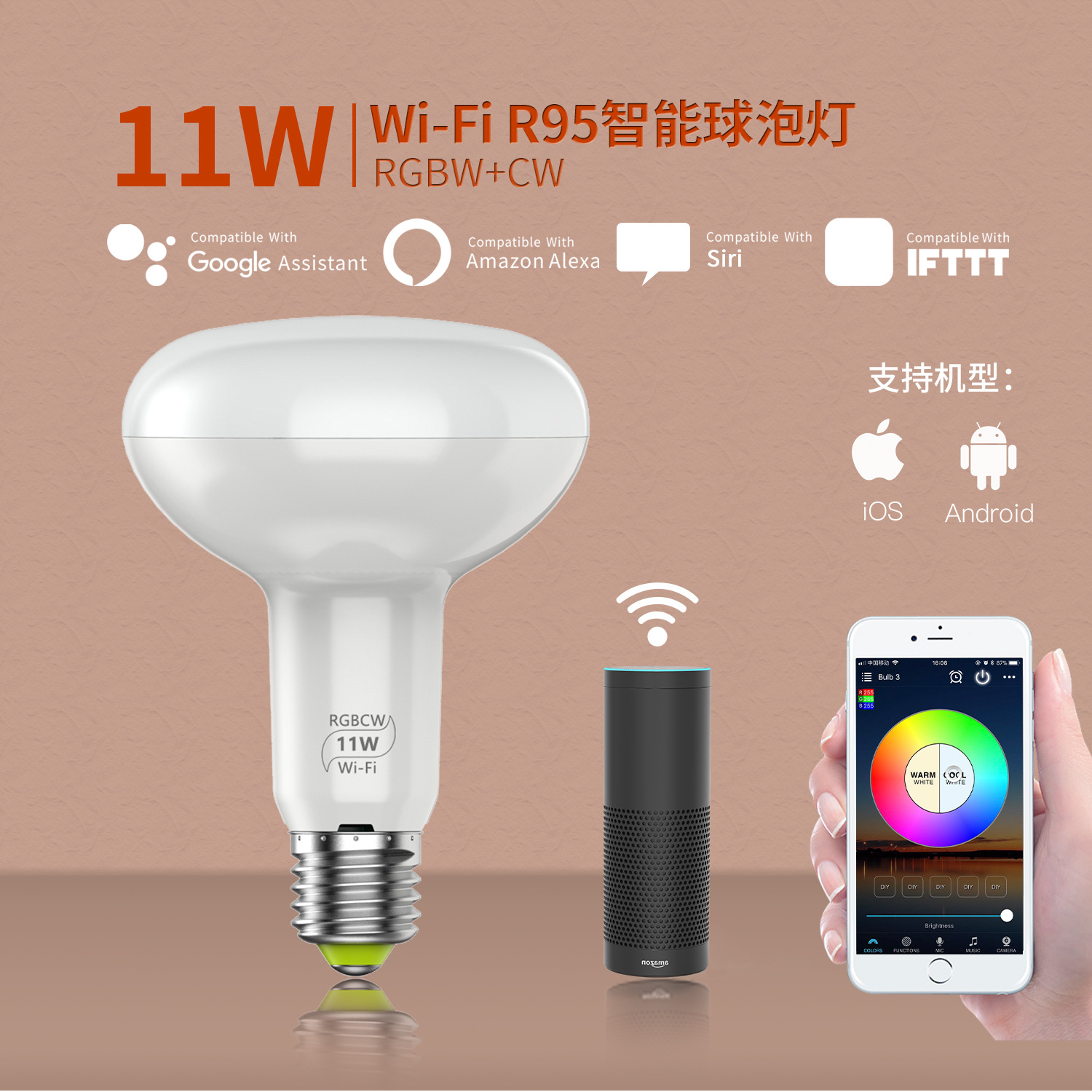 工厂直销wifi灯泡智能球泡灯11W亚马逊alexa语音RGBW调光远程控制