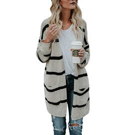 2026早春新品毛衣女亚马逊新款欧美街头时尚中长款条纹针织开衫