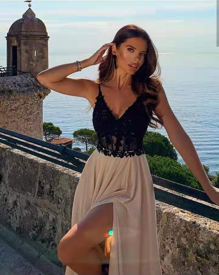 2020 New European and American Women's Fashion Amazon Sexy Sleeveless Lace Suspender Slit Dress Long Skirt New Style