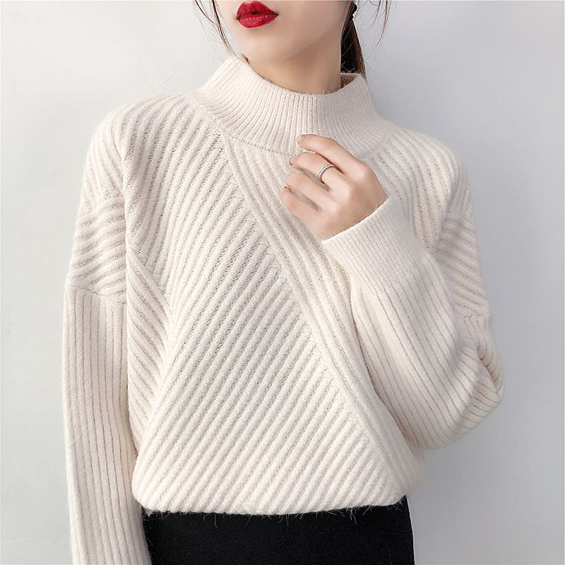 Autumn and winter new set sweater women's semi-high collar needle sweater loose round collar solid tape striped long sleeve bottoming shirt