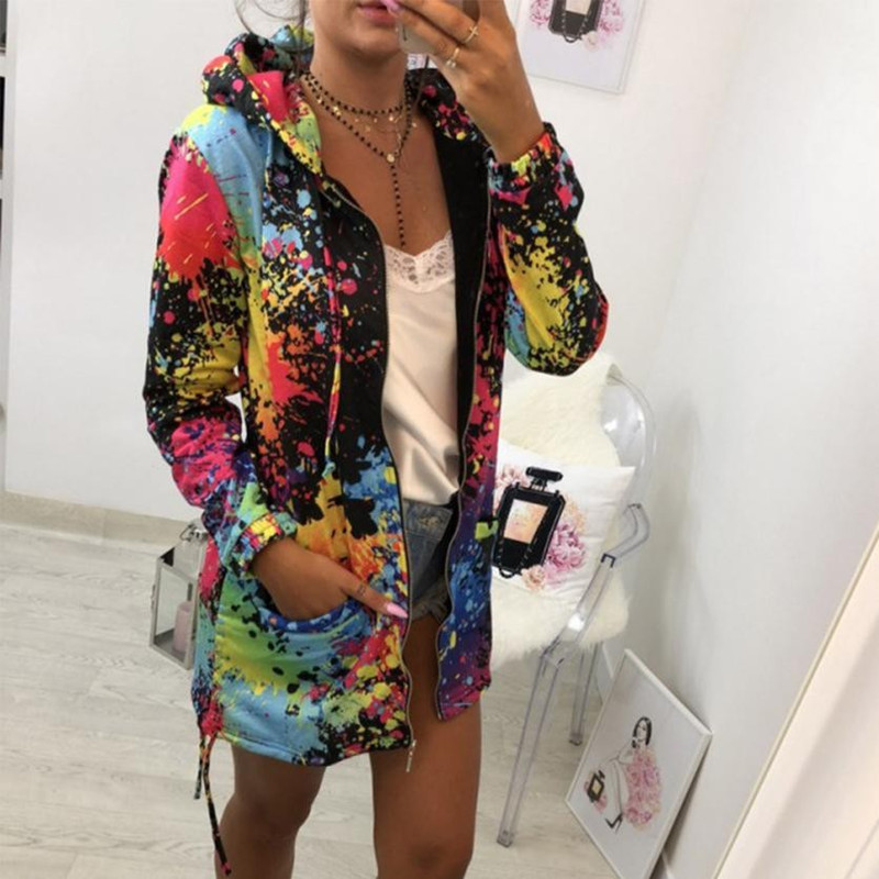 Long Sleeve Loose Digital Print Hooded Sweatshirt NSYF33928