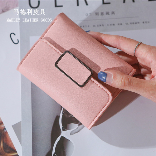 Factory Direct Sale New Short Length Trendy Minimalist Checkered Decor Fashion Lychee Pattern Women's Solid Color Tri-Fold Student Wallet