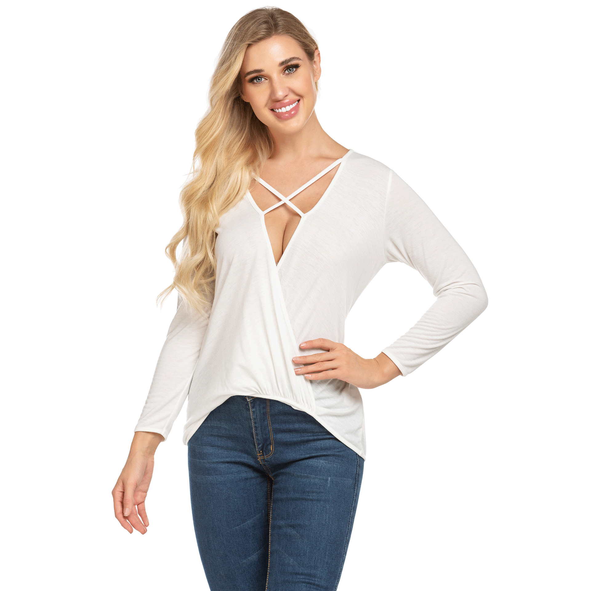 亚马逊ebay跨境女士v领针织t恤套头衫彩棉长袖纯色T恤女装上衣