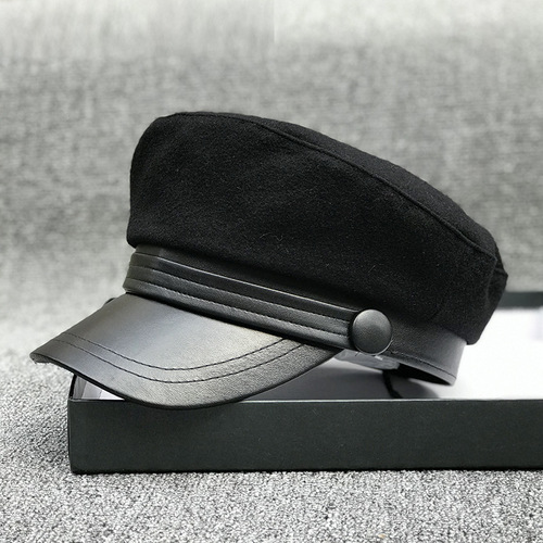 Black Woolen Beanie for Women Autumn/Winter Korean Style Trend Duckbill Hat Fashion Versatile Flat Top Hat for Men with Large Headsize Octagonal Hat