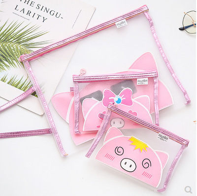 Cartoon A4 transparent mesh file bag A5 large capacity storage bag student exam grid zipper bag stationery bag