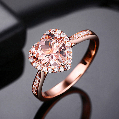 Wish European and American hot selling natural morganite love ring micro-paved zircon plated 18K gold orange pink diamond heart-shaped ring