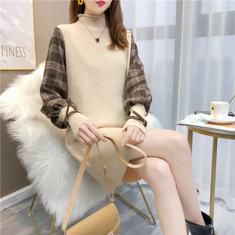 中長款連衣裙2019秋冬新款半高領針織衫韓版寬松格紋毛衣女裝批發