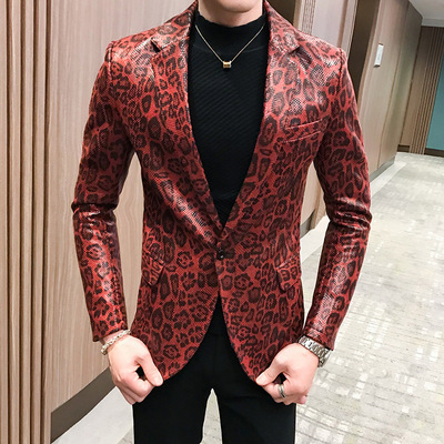 Men's youth music production Singer Performance red gray Leopard Leather blazers stage performance photos shooting coats for man trendy night club bar dance outwear