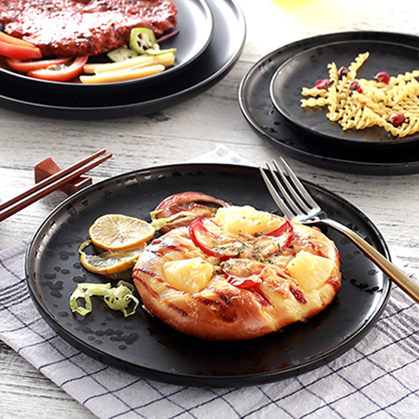 陶瓷餐具黑色水果盘托盘日式西餐盘酒店餐具创意圆形披萨盘蛋糕盘