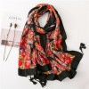 Black autumn scarf, beach cloak, flowered, cotton and linen, sun protection