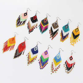 跨境欧美彩色米珠耳饰小众民族风格手工饰品个性波西米亚流苏耳环