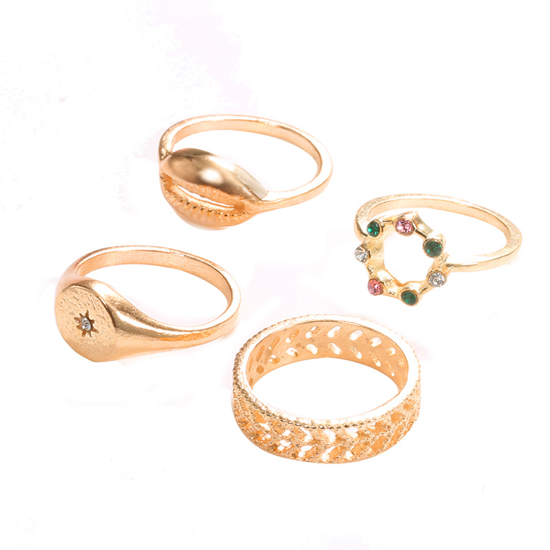 Fashion Hollow Carved Shell Color Rhinestone Ring 4 Piece Set Wholesale Nihaojewelry display picture 3