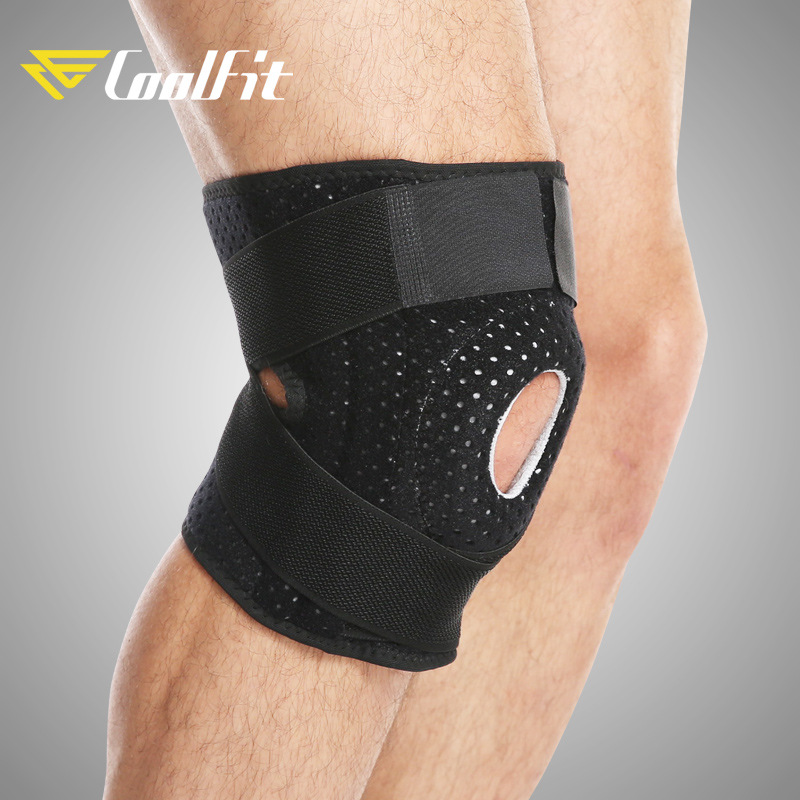 彈力運動護膝 專業四彈簧支撐綁帶加壓透氣冷感護膝 廠家代發貨源