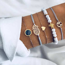 编织手链欧美风菠萝爱心黑珠地图海龟青色珠串镶钻松石手链批发