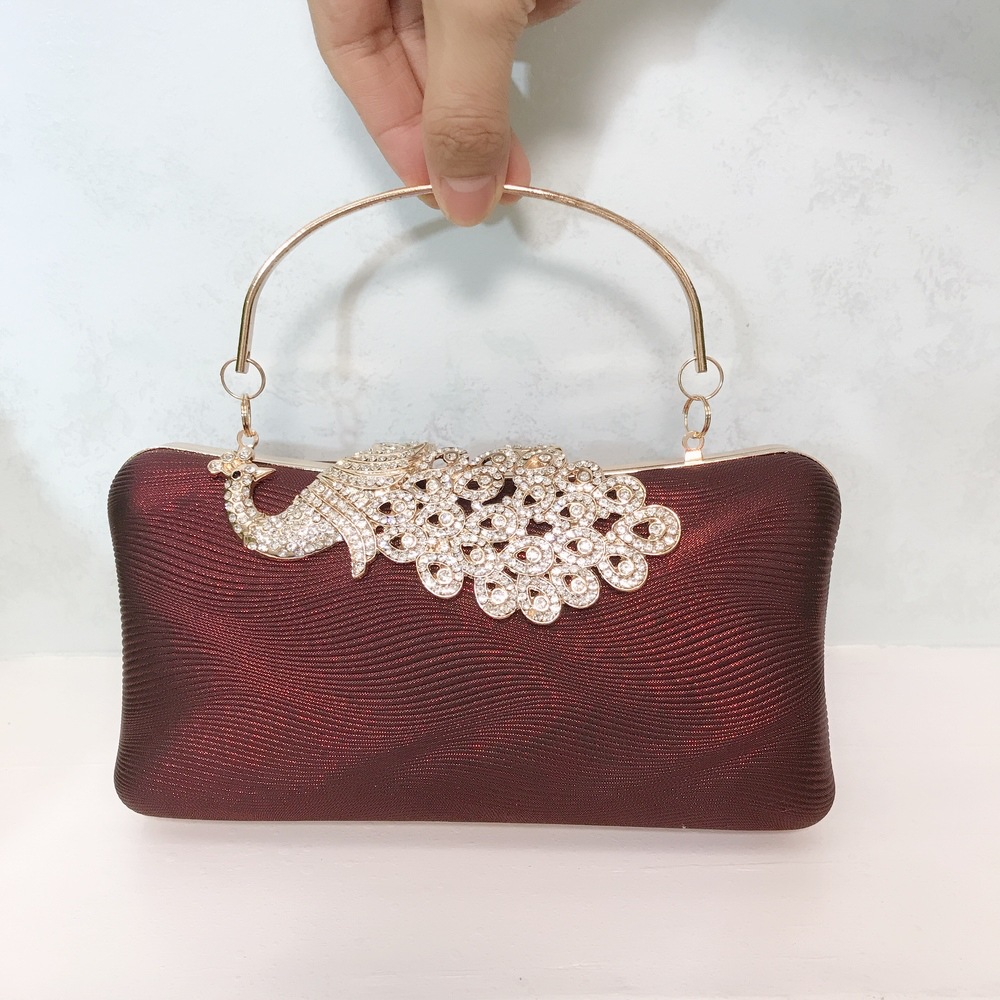 PU Leather Evening Bag European & American Style Rhinestone Women's Peacock Banquet Clutch Small Square Crossbody Bag - Thumbnail 4