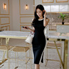 Black and white color matching thin knitted dress with hanging neck