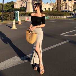 2025韩版女装夏性感女神款高腰侧开叉露大腿包臀半身裙修身长裙