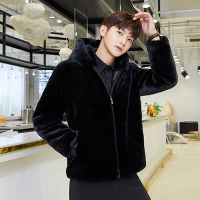 皮草外套男2019冬季新款连帽韩版帅气加绒加厚青年休闲大衣夹克潮