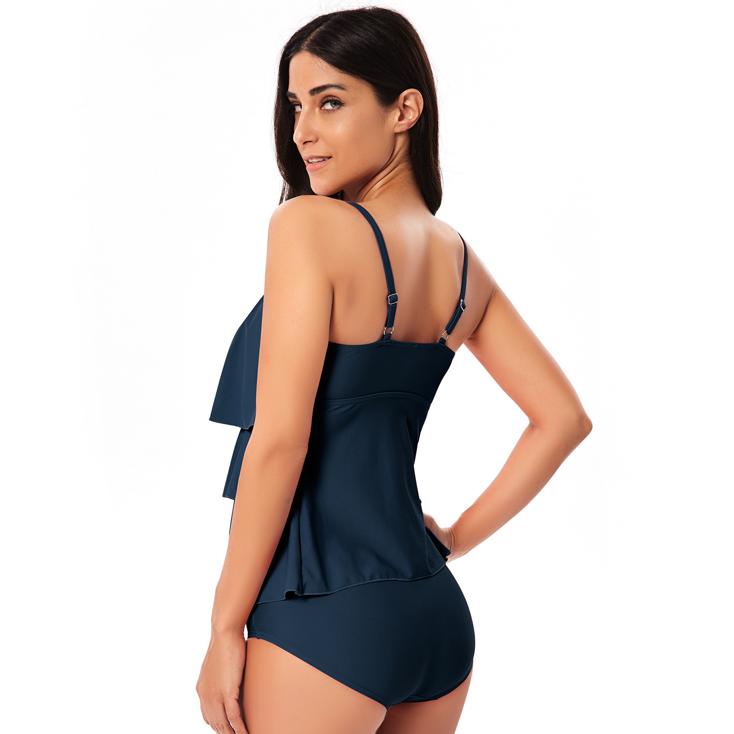 亚马逊泳衣女士荷叶边保守分体泳衣显瘦遮肚保守纯色吊带泳装