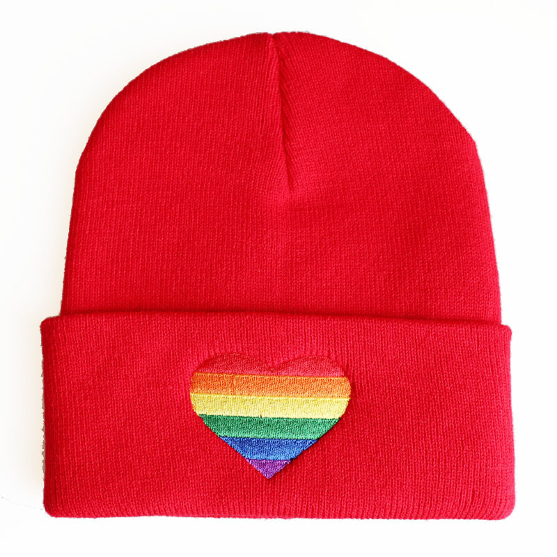 Unisex Gender Embroidery Design Unisex Simple Style Rainbow Heart Shape Embroidery Crimping Wool Cap