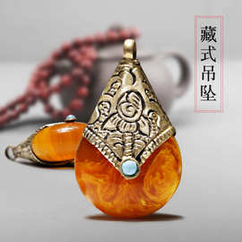 批发尼泊尔手工藏式水滴仿蜜蜡吊坠背云星月菩提复古佛珠项链配饰