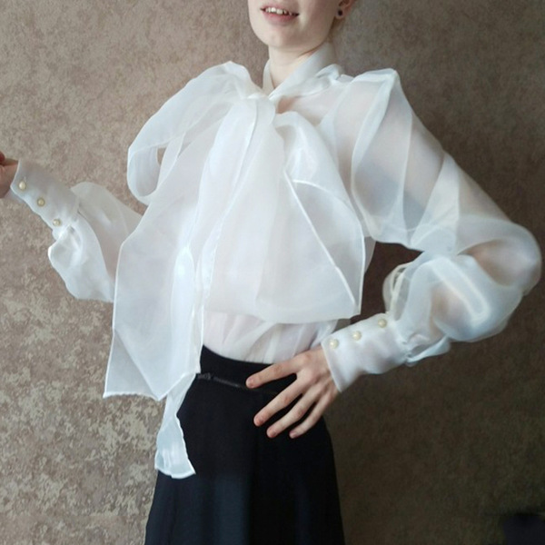 Eugene Yarn Shirt Women’s Butterfly Tie Bubble Long Sleeve Top